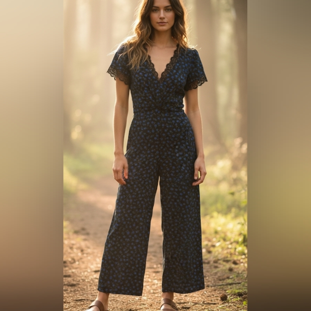 &et Black Blue Floral Printed Lace Trim Wide Leg Jumpsuit Size 6
